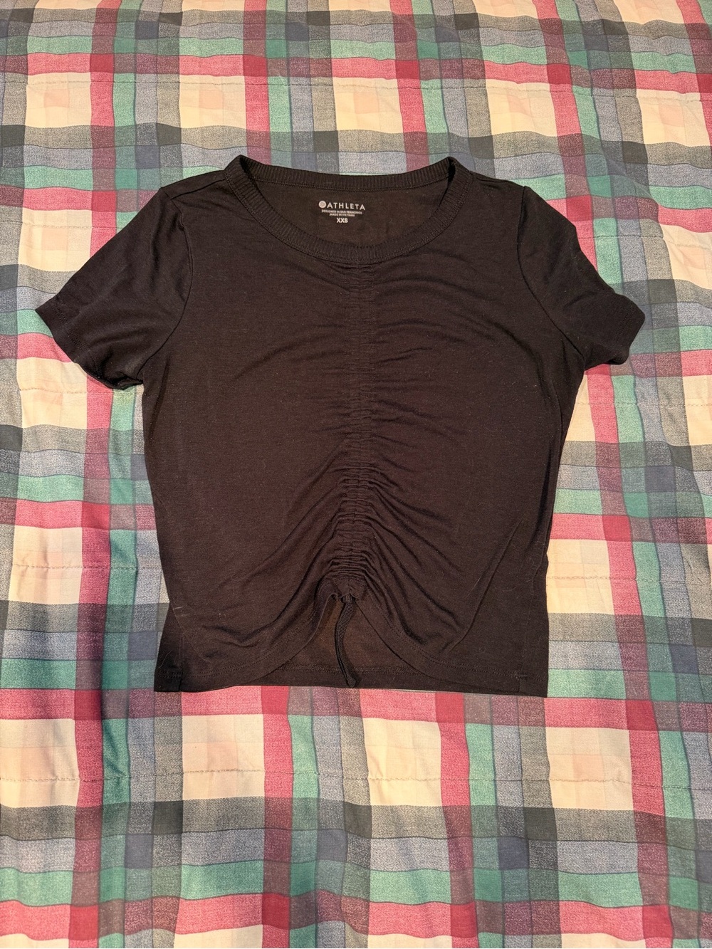 Athleta Black Ruched Short Sleeve Crop Top